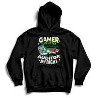 Black hoodie with front kangaroo pocket and “GAMER / AUDITOR BY NIGHT” graphic.