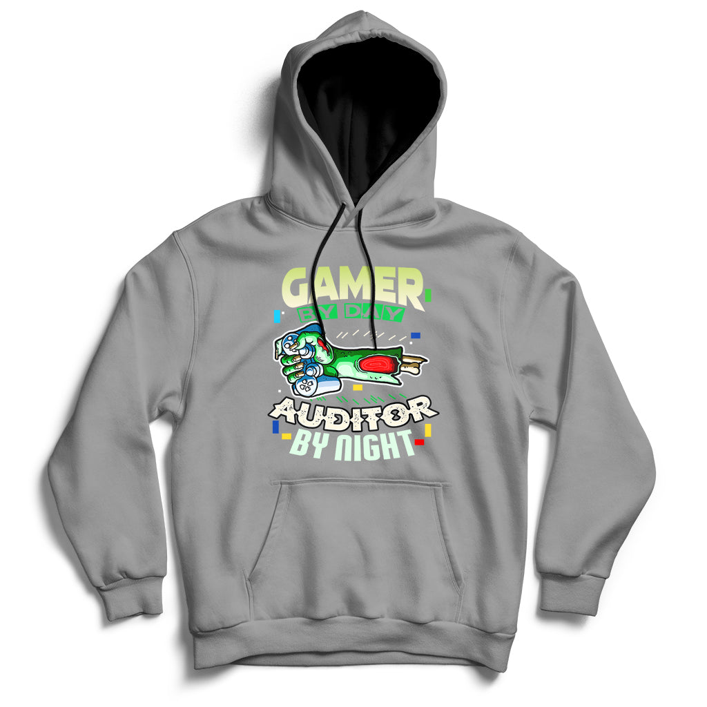 Gray hoodie with front kangaroo pocket and “GAMER / AUDITOR BY NIGHT” graphic.