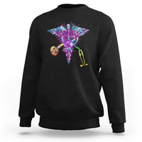 Black crewneck sweatshirt with colorful stethoscope and wings graphic.