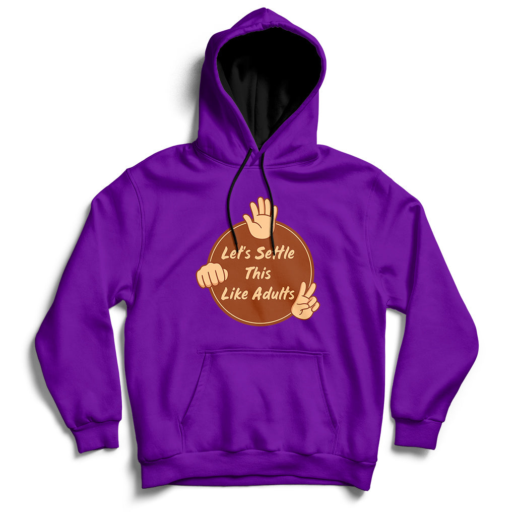 Purple hoodie with kangaroo pocket, drawstring hood, and 'Let's Settle This Like Adults' print