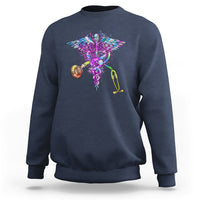 Navy crewneck sweatshirt with colorful stethoscope and wings graphic.
