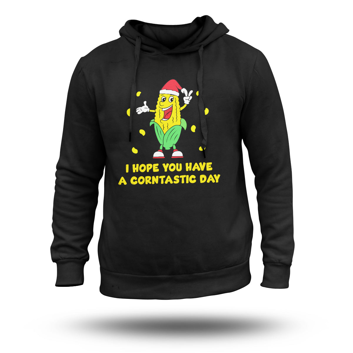 Black pullover hoodie with front corn character graphic and corntastic day slogan text
