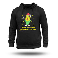 Black pullover hoodie with front corn character graphic and corntastic day slogan text
