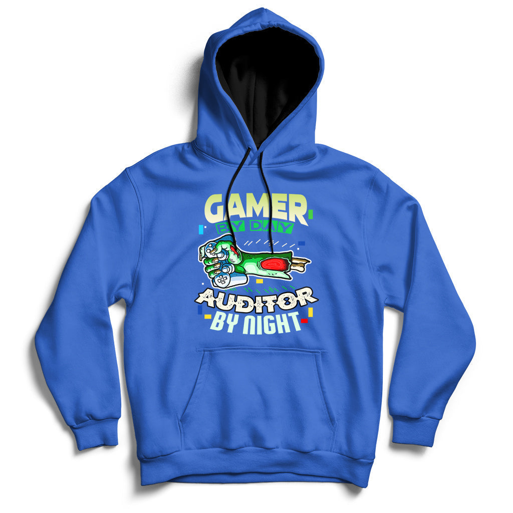 Royal blue hoodie with front kangaroo pocket and “GAMER / AUDITOR BY NIGHT” graphic.