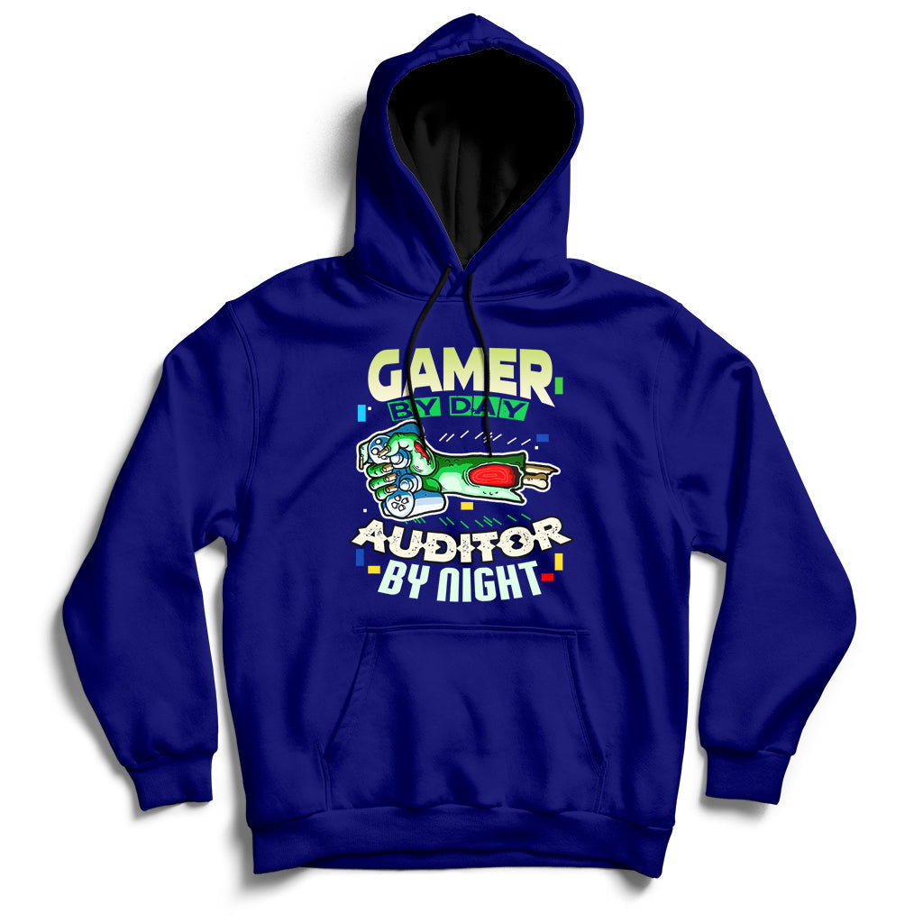 Navy hoodie with front kangaroo pocket and “GAMER / AUDITOR BY NIGHT” graphic.
