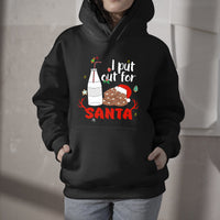Black hoodie with front Santa cookie and milk graphic, hood and front pocket