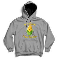 Gray corn graphic hoodie with front pocket; 'It's Corn, It Has The Juice' print