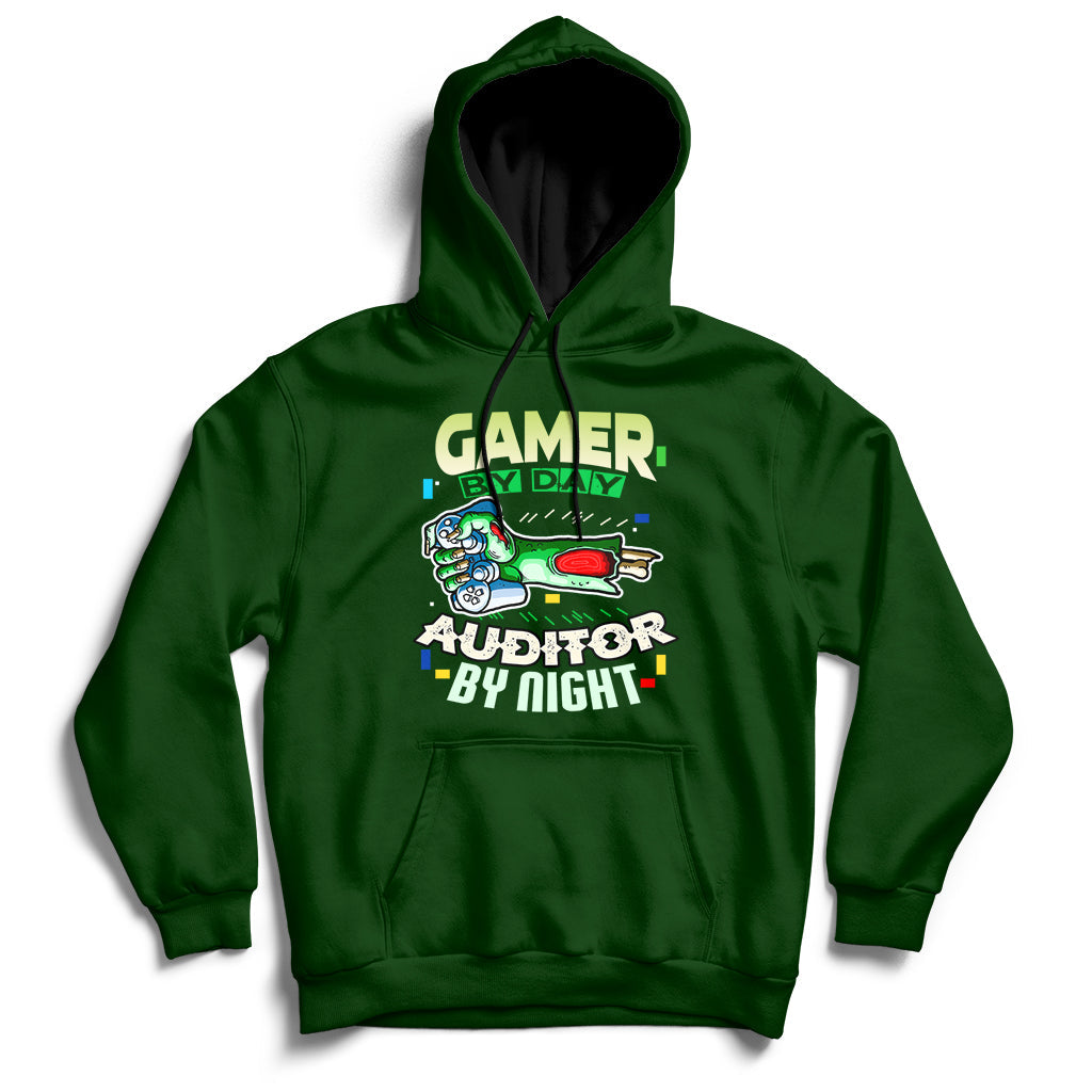 Forest green hoodie with front kangaroo pocket and “GAMER / AUDITOR BY NIGHT” graphic.