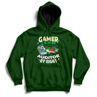 Forest green hoodie with front kangaroo pocket and “GAMER / AUDITOR BY NIGHT” graphic.