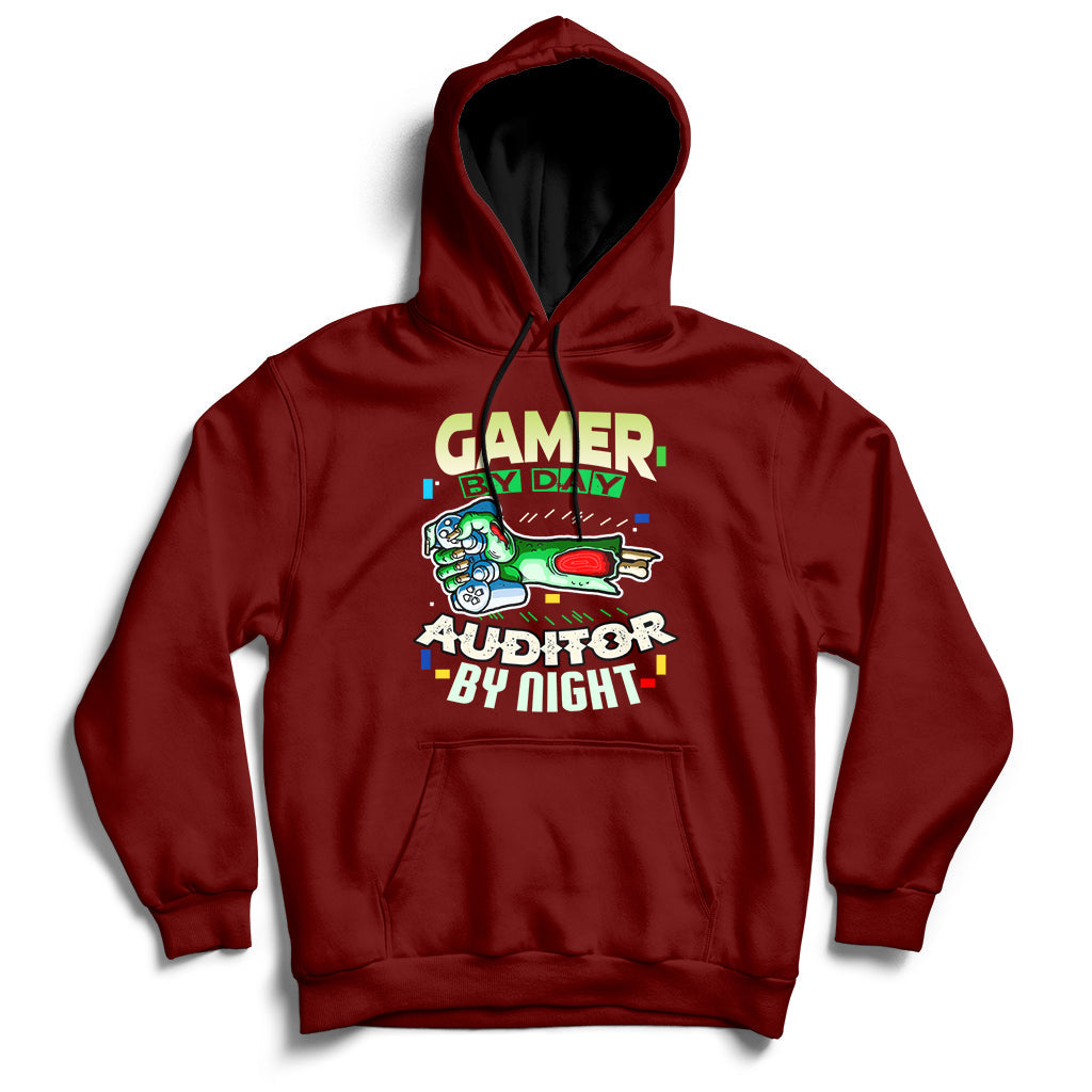 Maroon hoodie with front kangaroo pocket and “GAMER / AUDITOR BY NIGHT” graphic.