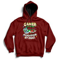 Maroon hoodie with front kangaroo pocket and “GAMER / AUDITOR BY NIGHT” graphic.
