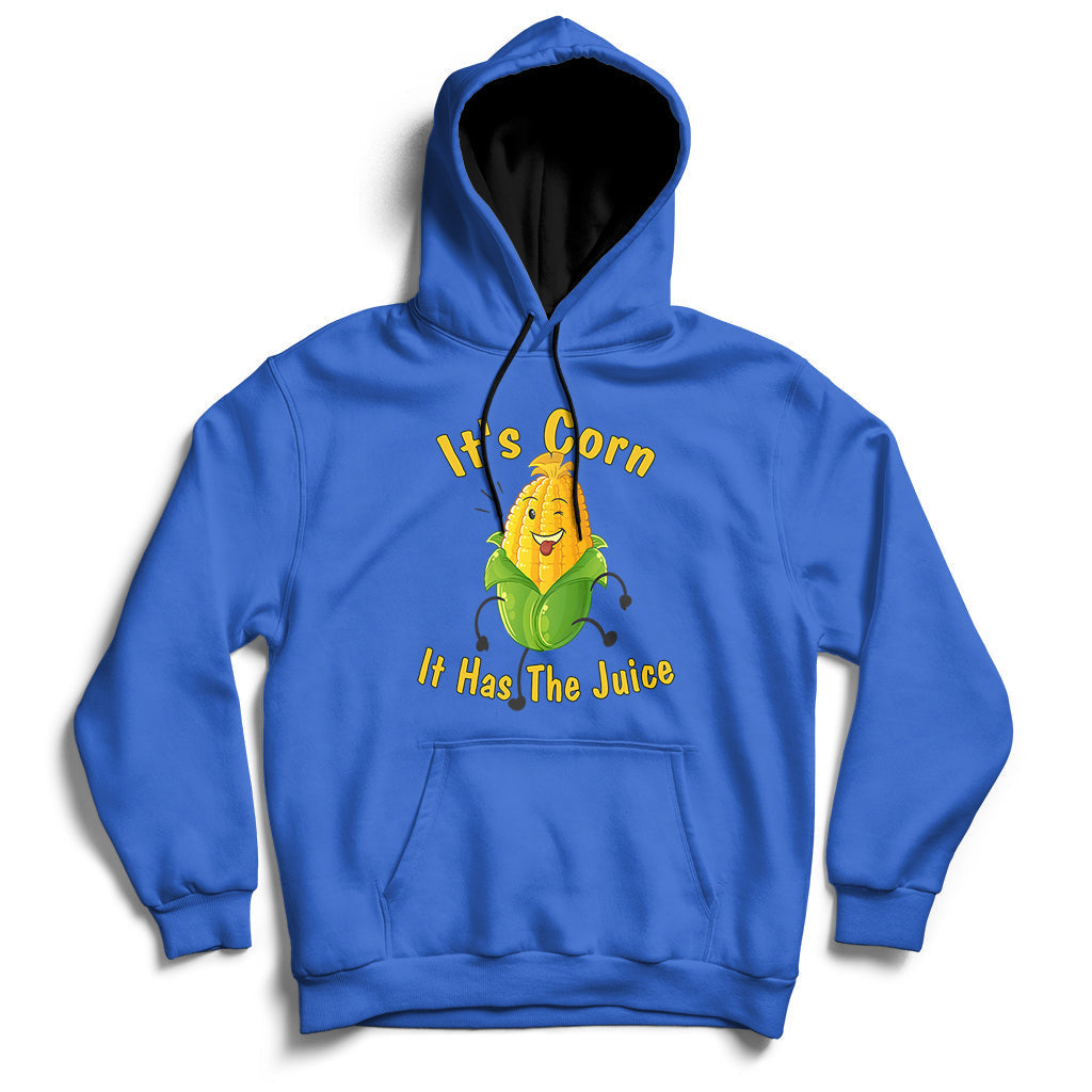 Royal blue corn graphic hoodie with front pocket; 'It's Corn, It Has The Juice' print