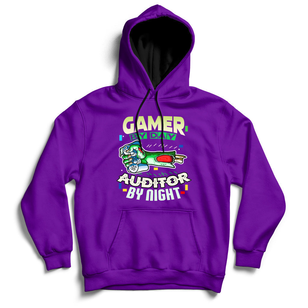Purple hoodie with front kangaroo pocket and “GAMER / AUDITOR BY NIGHT” graphic.