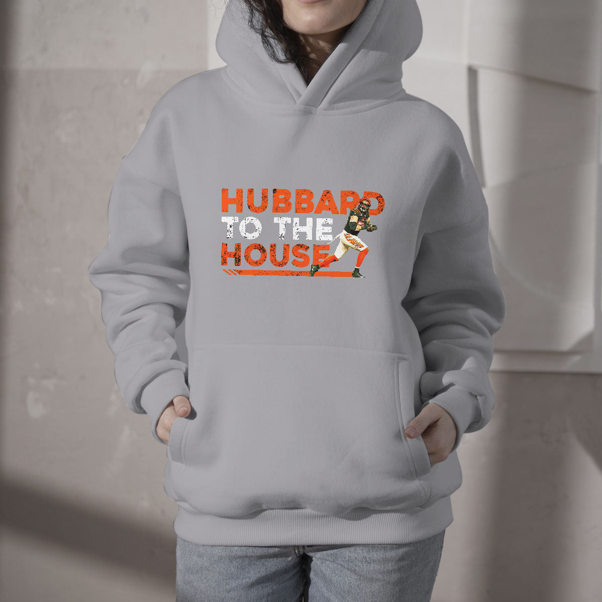 Light gray fan hoodie with kangaroo pocket and 'HUBBARD TO THE HOUSE' front graphic