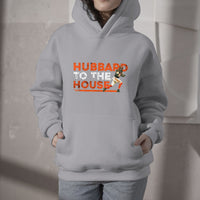 Light gray fan hoodie with kangaroo pocket and 'HUBBARD TO THE HOUSE' front graphic