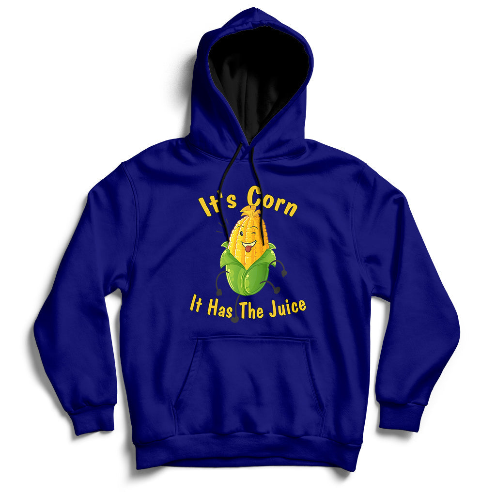 Navy corn graphic hoodie with front pocket; 'It's Corn, It Has The Juice' print