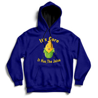 Navy corn graphic hoodie with front pocket; 'It's Corn, It Has The Juice' print