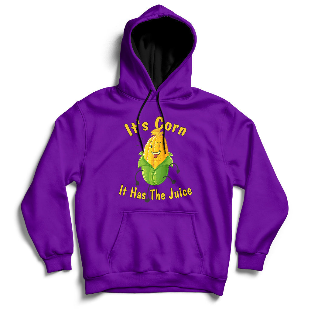 Purple corn graphic hoodie with front pocket; 'It's Corn, It Has The Juice' print