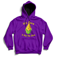Purple corn graphic hoodie with front pocket; 'It's Corn, It Has The Juice' print