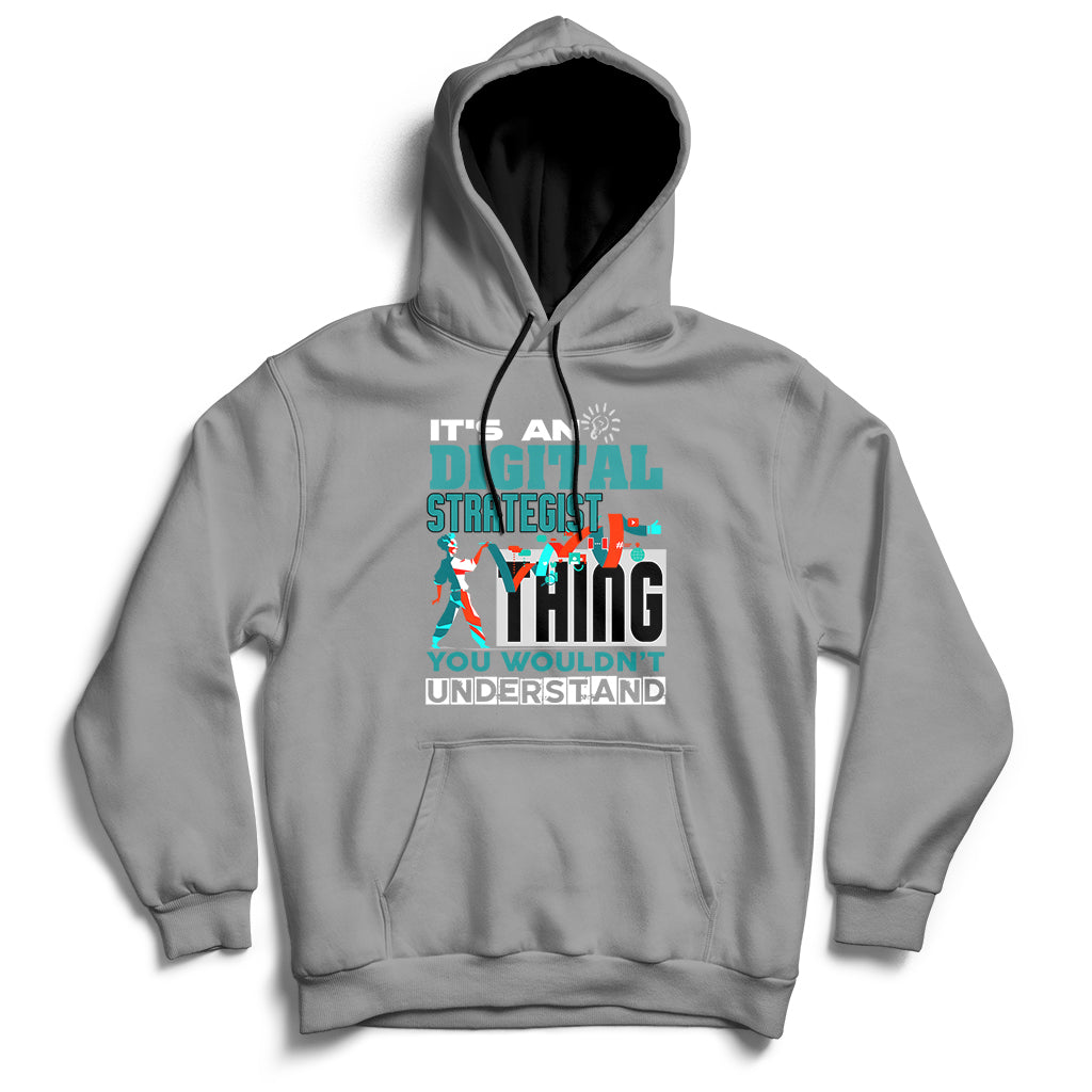 Gray hoodie with front graphic text, pullover hood, and kangaroo pocket