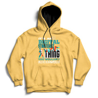 Yellow hoodie with front graphic text, pullover hood, and kangaroo pocket