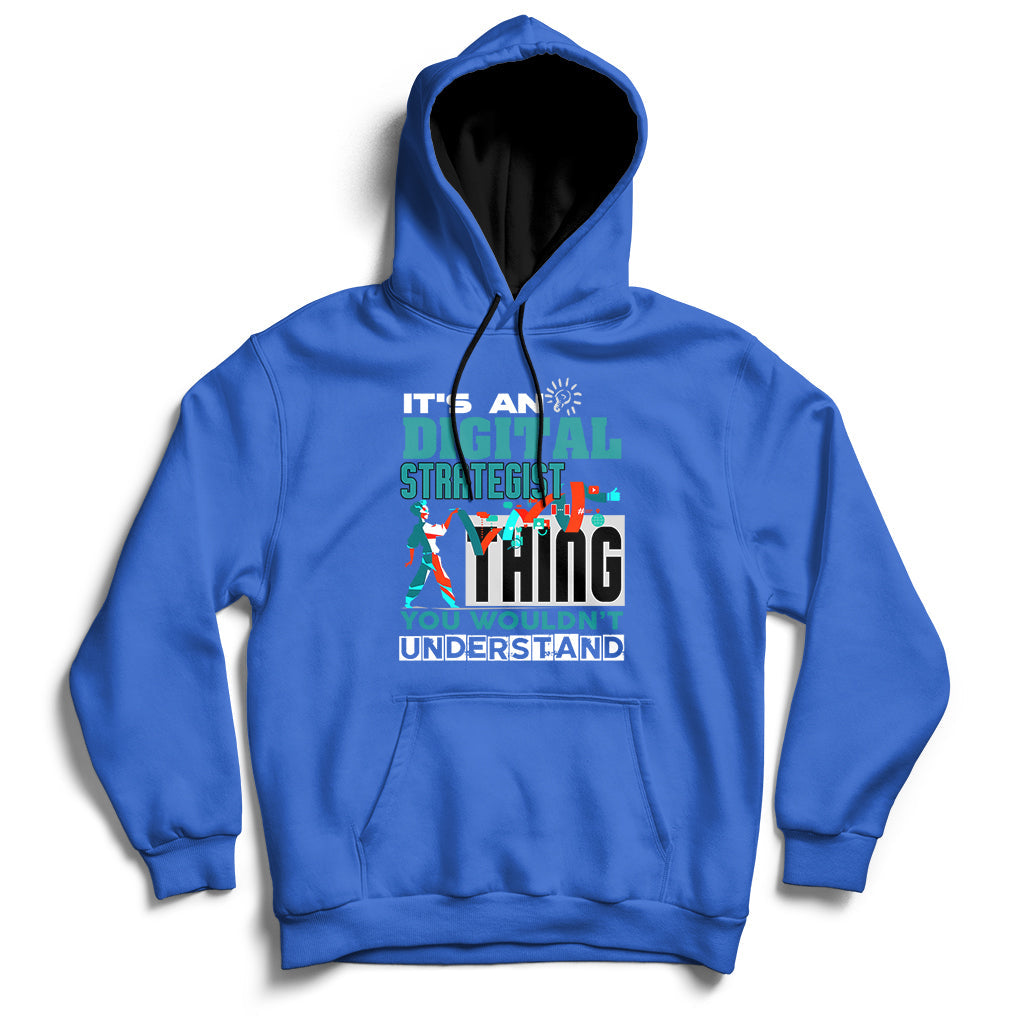 Royal blue hoodie with front graphic text, pullover hood, and kangaroo pocket