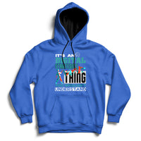Royal blue hoodie with front graphic text, pullover hood, and kangaroo pocket