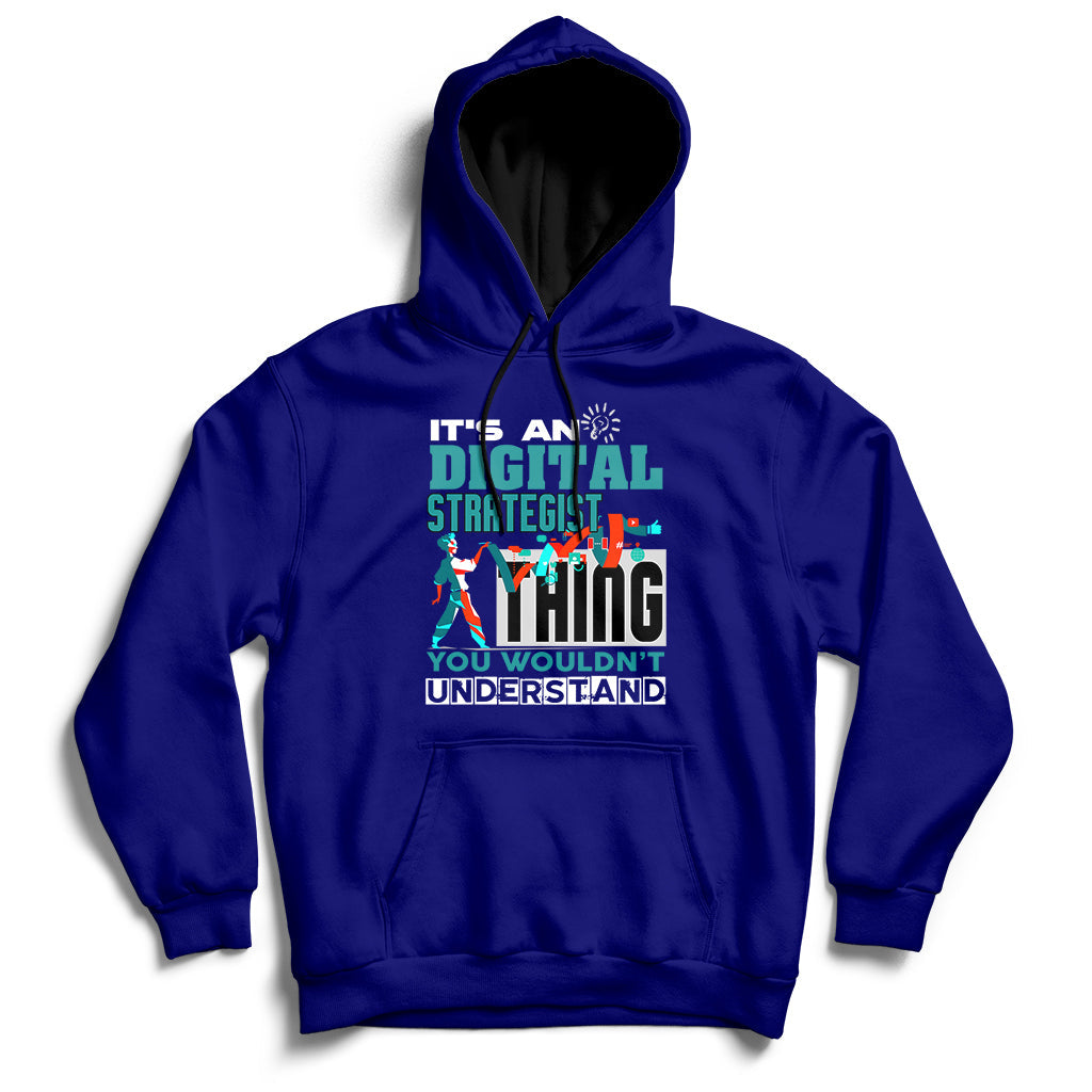 Dark blue hoodie with front graphic text, pullover hood, and kangaroo pocket