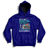 Dark blue hoodie with front graphic text, pullover hood, and kangaroo pocket