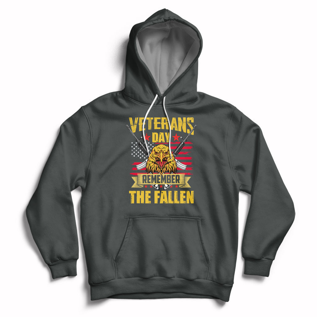 Dark gray Veterans Day hoodie with eagle graphic and “Remember the Fallen” text on front