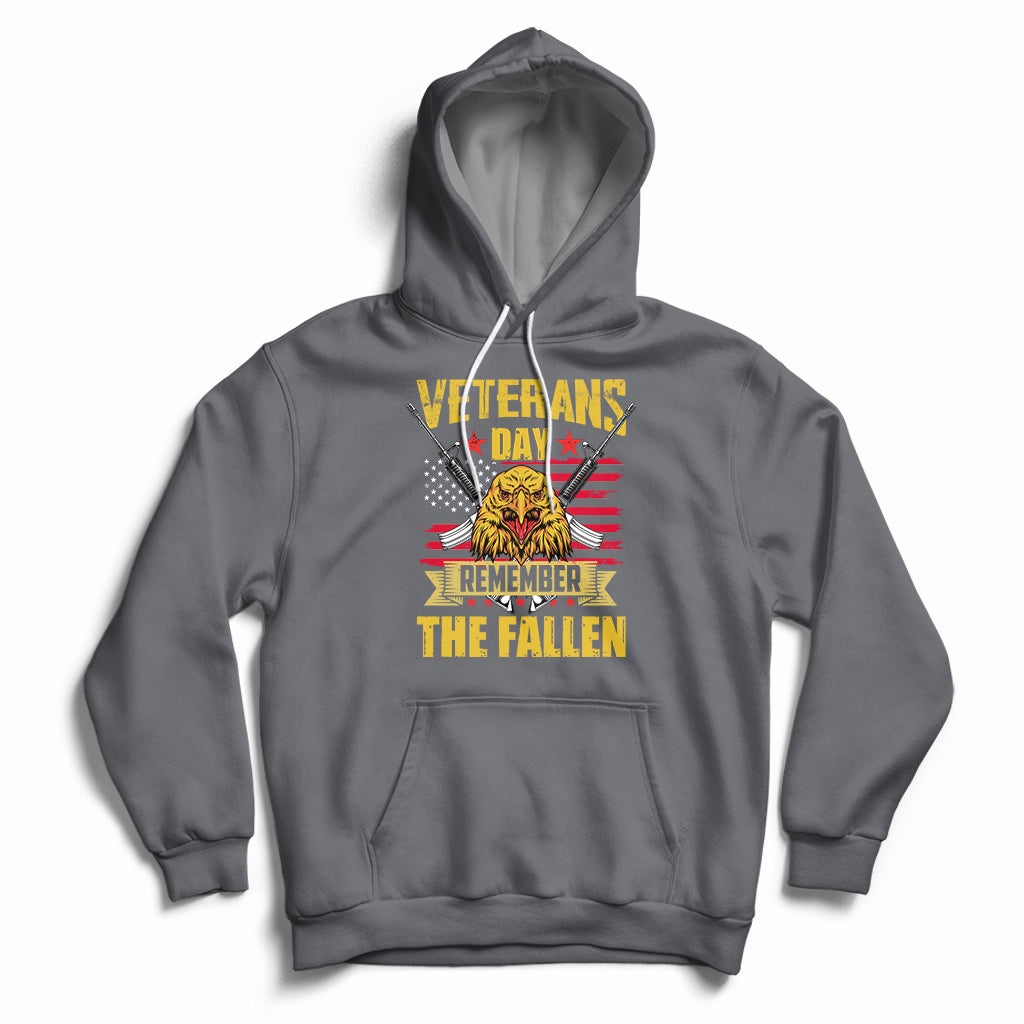 Charcoal Veterans Day hoodie with eagle graphic and “Remember the Fallen” text on front