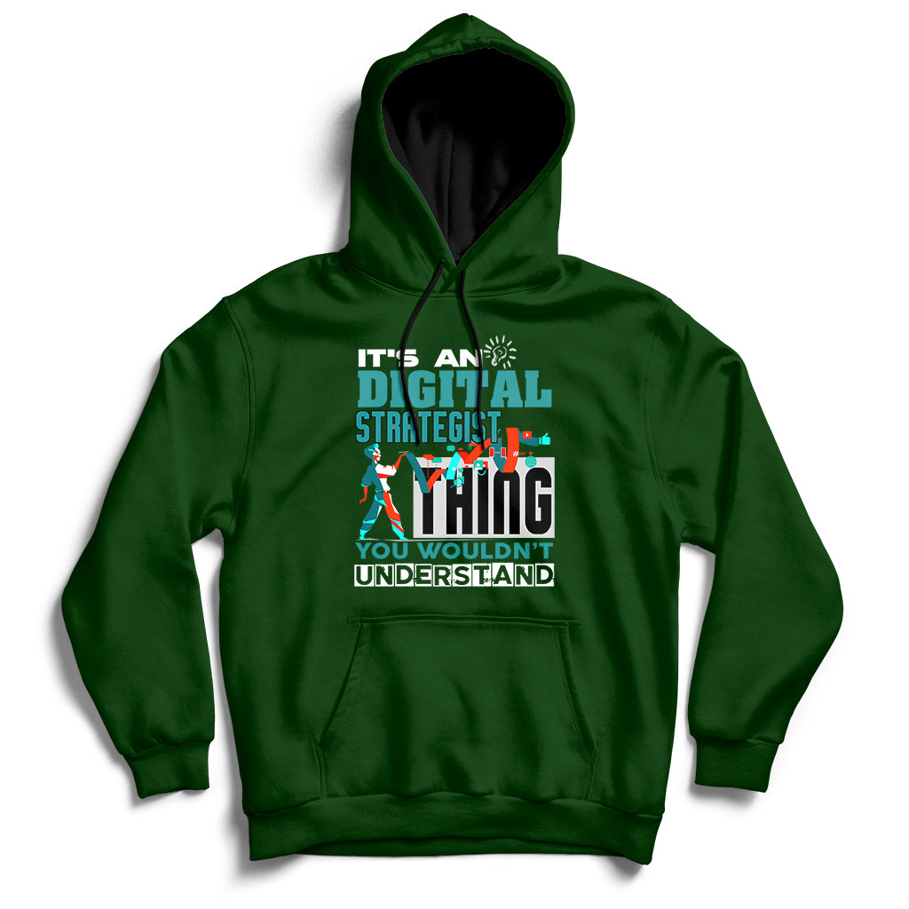 Forest green hoodie with front graphic text, pullover hood, and kangaroo pocket