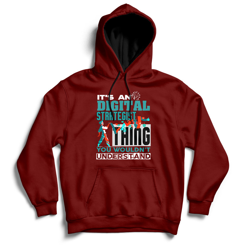 Maroon hoodie with front graphic text, pullover hood, and kangaroo pocket
