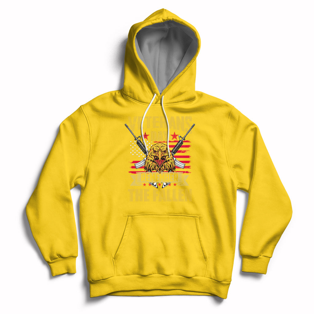 Yellow Veterans Day hoodie with eagle graphic and “Remember the Fallen” text on front