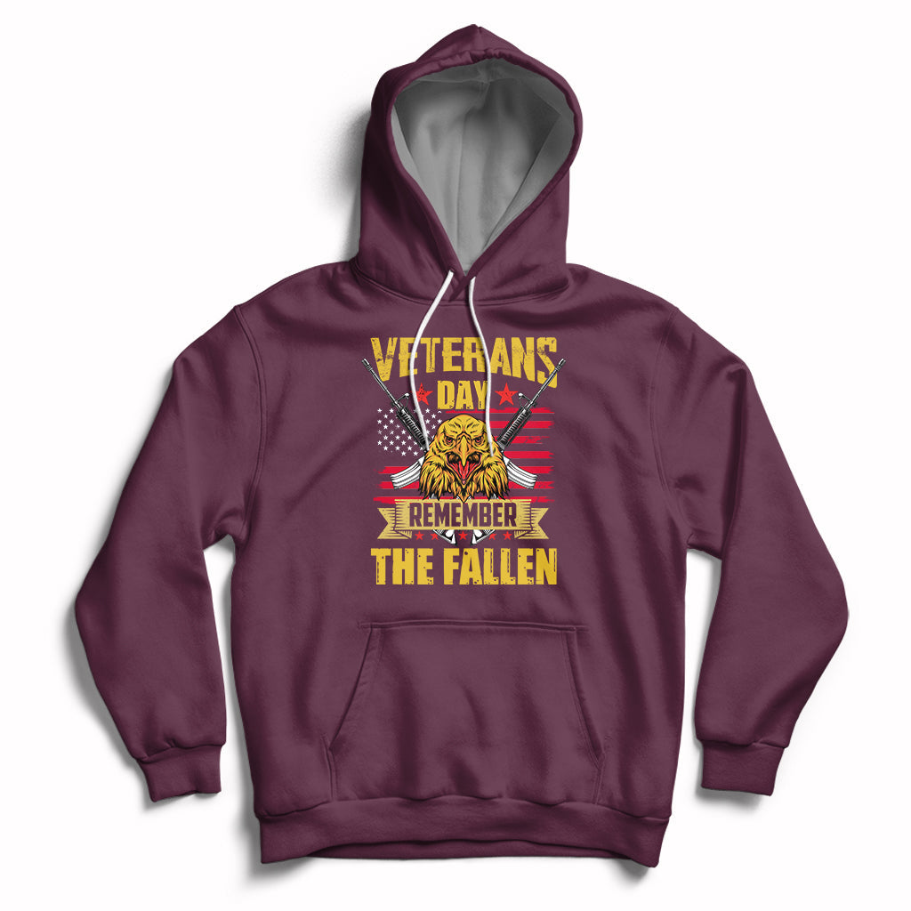 Maroon Veterans Day hoodie with eagle graphic and “Remember the Fallen” text on front
