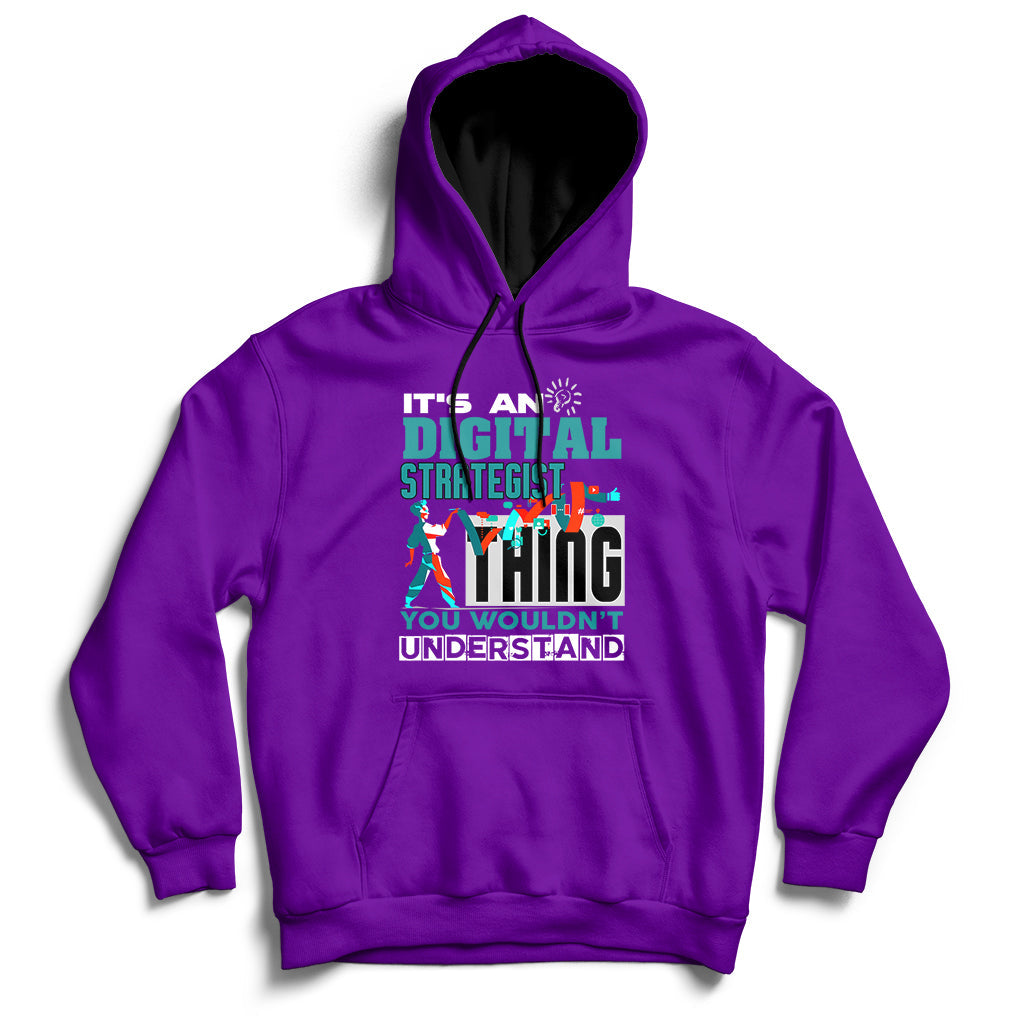 Purple hoodie with front graphic text, pullover hood, and kangaroo pocket