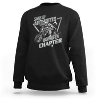 Black crewneck sweatshirt with biker skeleton graphic and bold text print