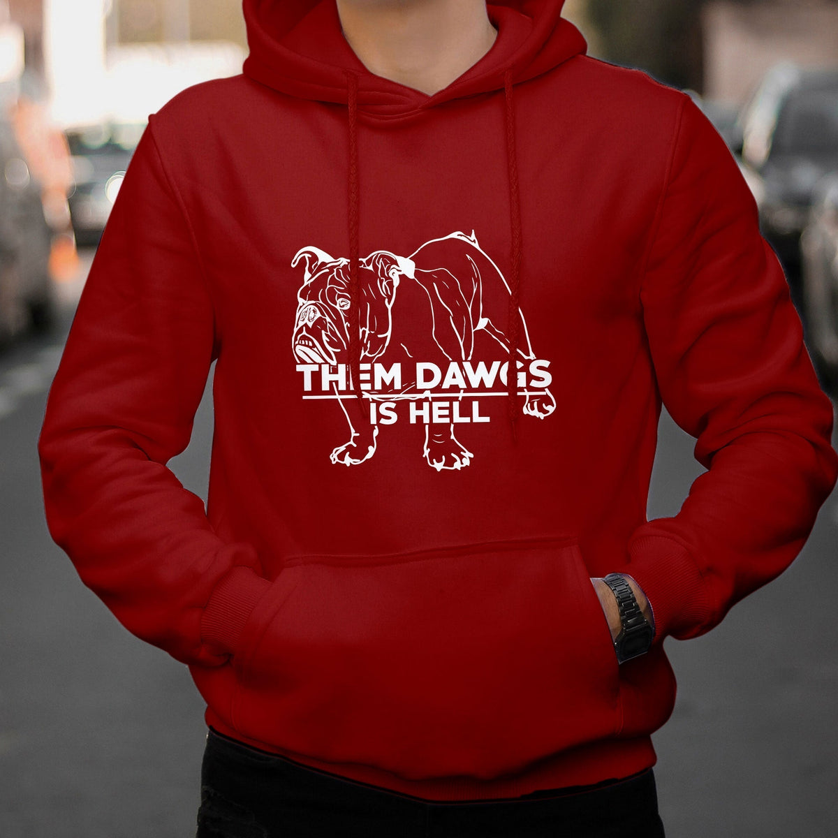 Red bulldog graphic hoodie with front text print, pullover hood and kangaroo pocket