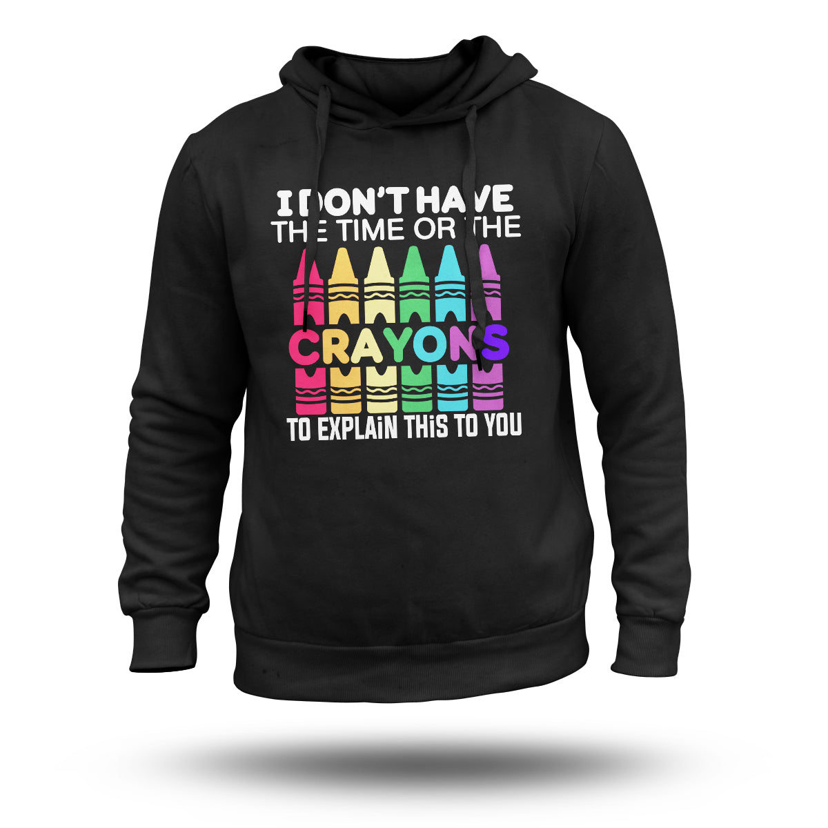 Black pullover hoodie with multicolor crayon tower graphic on chest