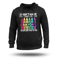 Black pullover hoodie with multicolor crayon tower graphic on chest