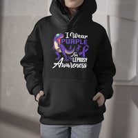 Black hoodie with front pocket; purple ribbon leprosy awareness graphic
