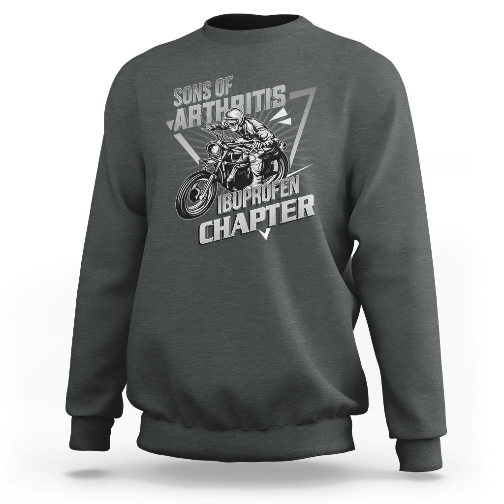 Heather gray crewneck sweatshirt with biker skeleton graphic and bold text print