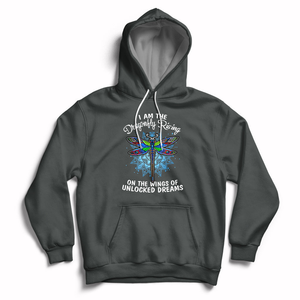 Dark gray pullover hoodie with dragonfly graphic and “On the wings of unlocked dreams” text