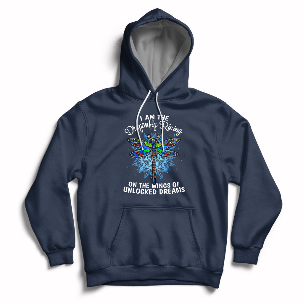 Navy pullover hoodie with dragonfly graphic and “On the wings of unlocked dreams” text
