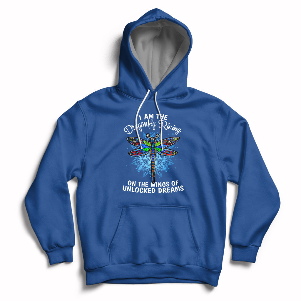 Royal blue pullover hoodie with dragonfly graphic and “On the wings of unlocked dreams” text