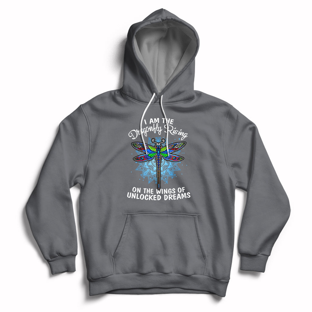 Charcoal pullover hoodie with dragonfly graphic and “On the wings of unlocked dreams” text
