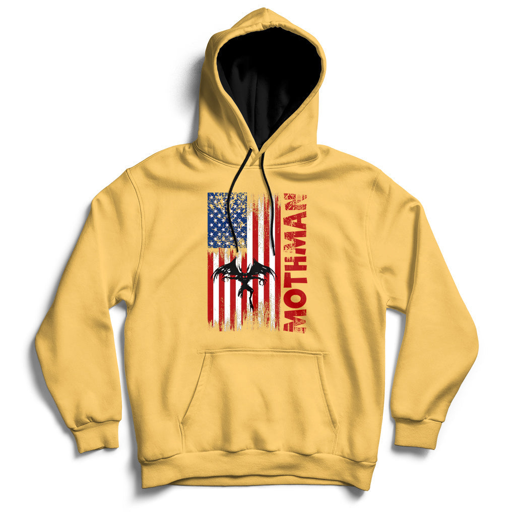Yellow pullover hoodie with front American flag-style mothman cryptid graphic