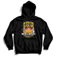 Black hooded sweatshirt with front graphic and kangaroo pocket, drawstring hood.