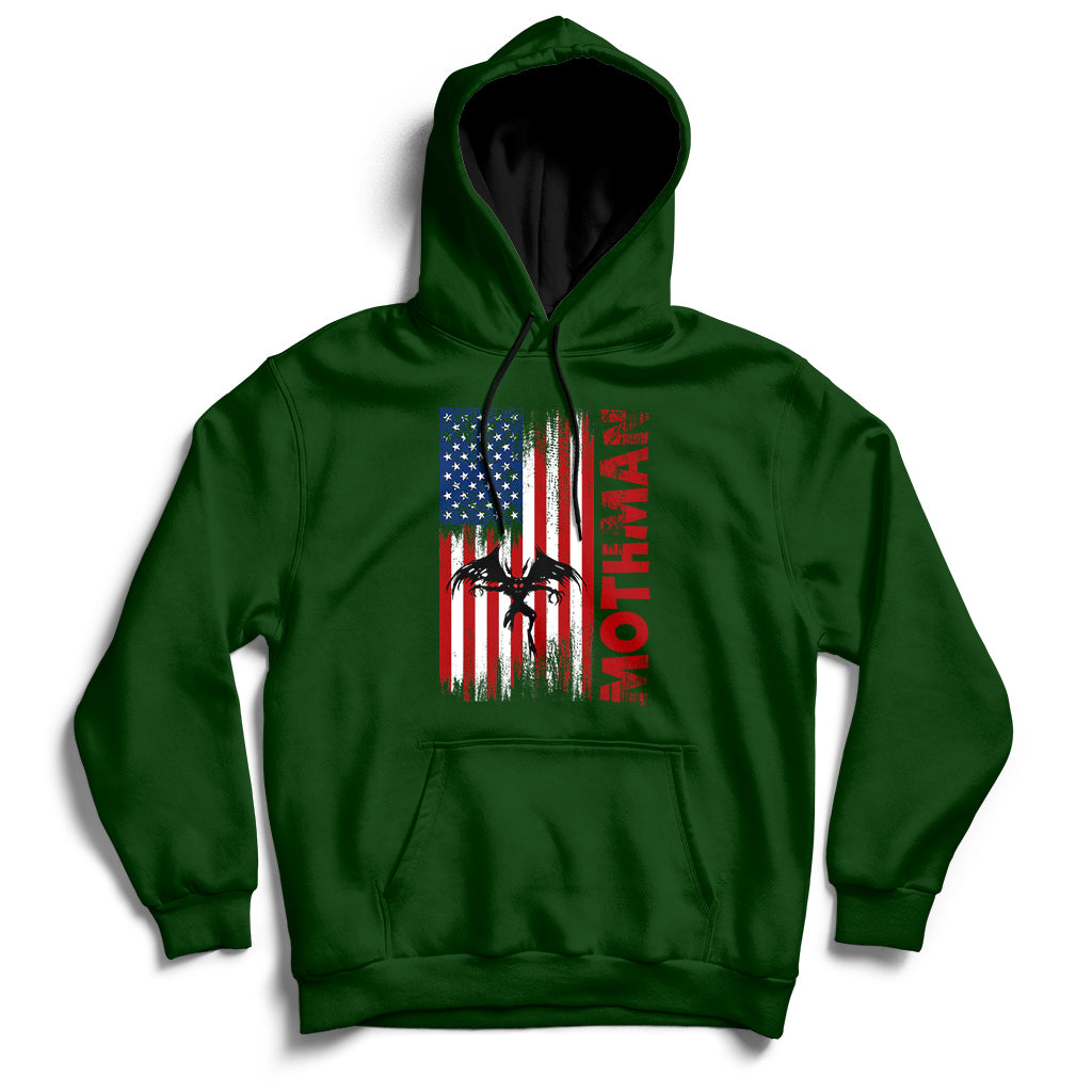 Forest green pullover hoodie with front American flag-style mothman cryptid graphic