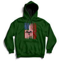 Forest green pullover hoodie with front American flag-style mothman cryptid graphic